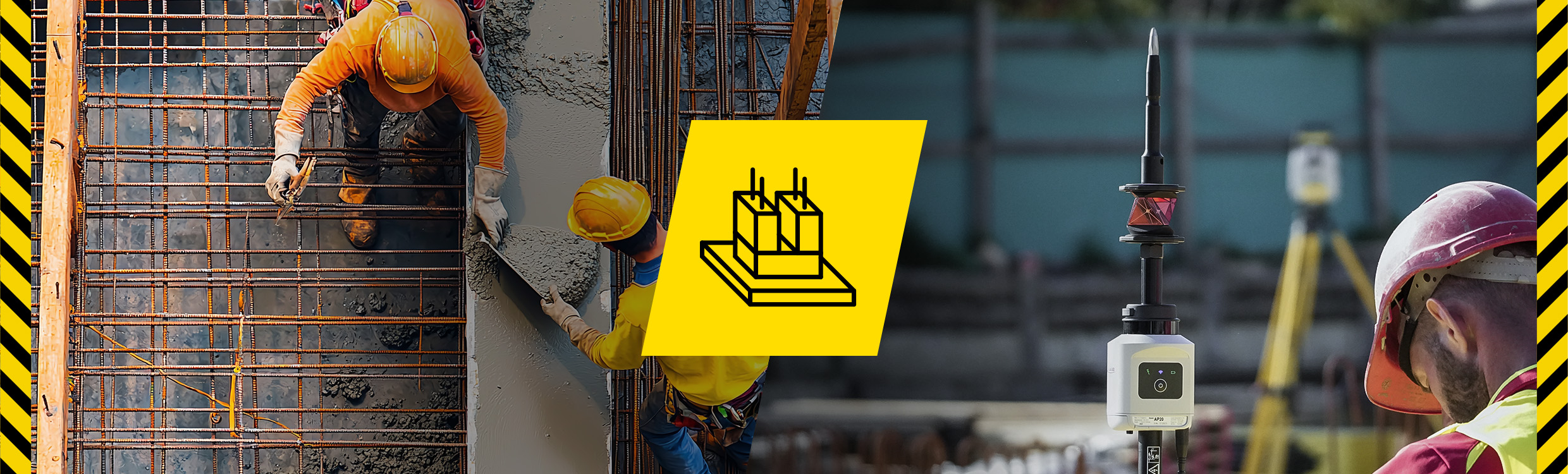 Leica iCON build für Gebäude – Bauarbeiter stecken auf einer Baustelle mit dem Leica AP20 AutoPole Punkte ab.